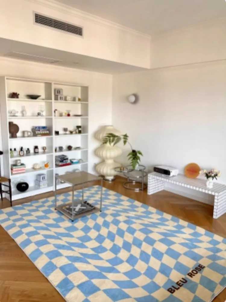 VIKAMA Blue Checkered Carpet Living Room Light Luxury French Bedroom Sofa Floor Mat Furniture Decoration C250913