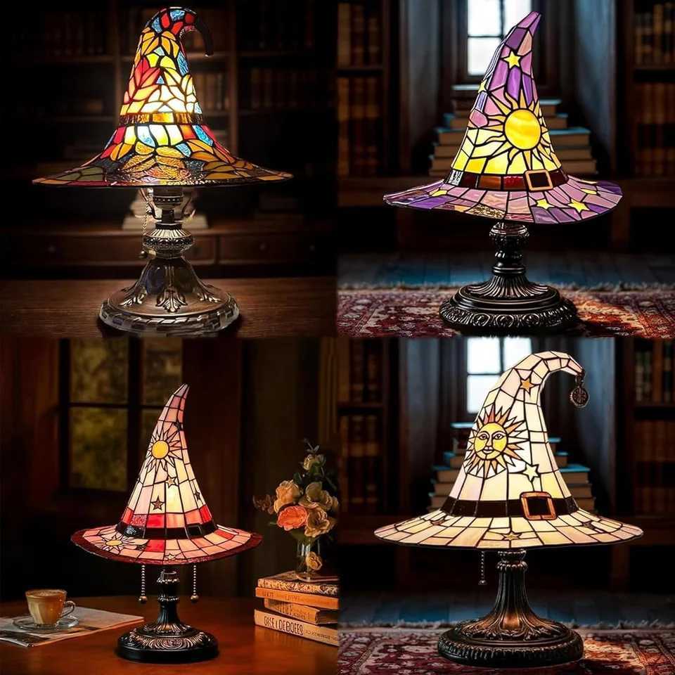 Stained Glass Witch Hat Lamp USB Powered Creative Table Lamp Night Light for Living Room Home Bedroom Decoration Halloween C250913