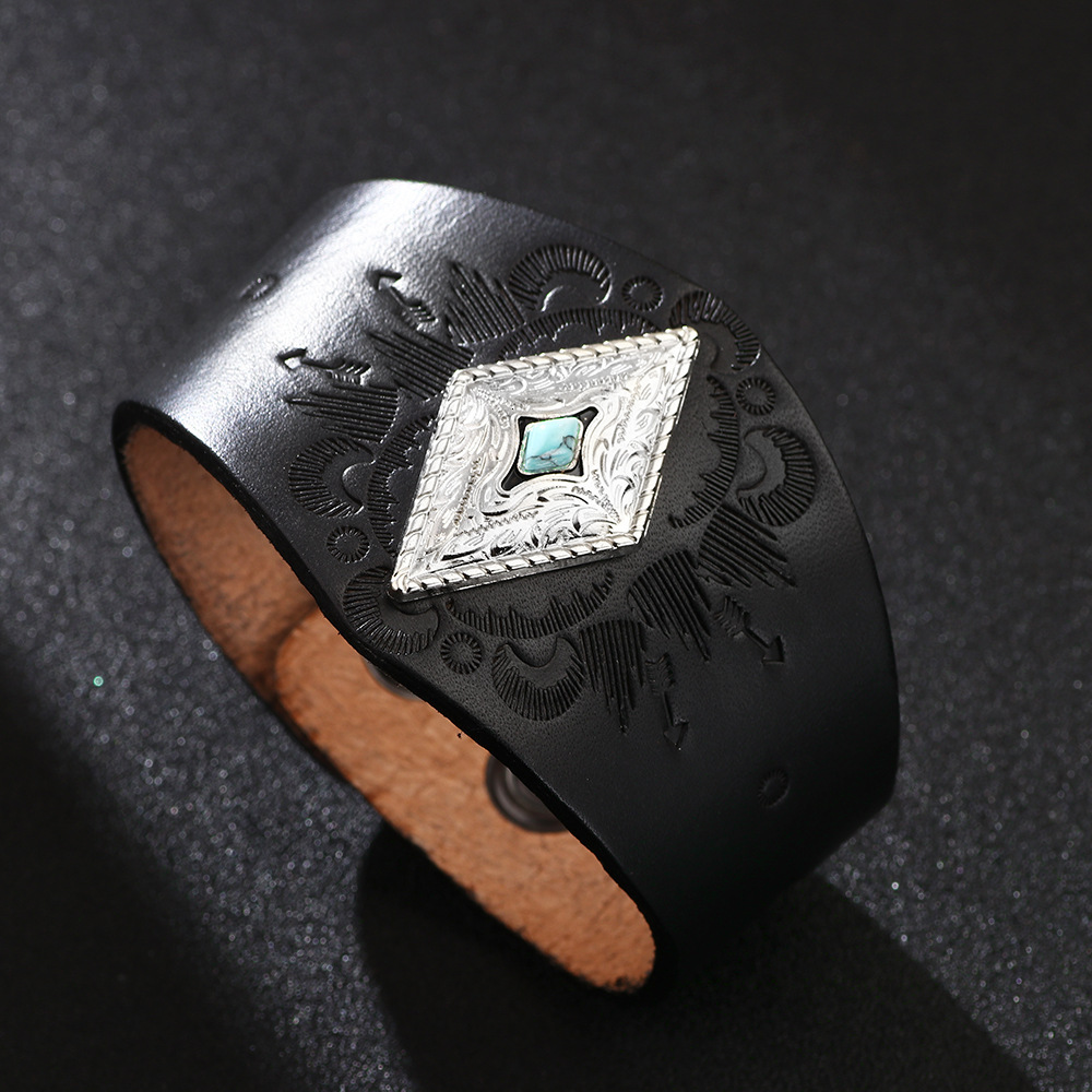 Cowhide Ethnic Style Emed Metal Triangle Blue Turquoise Leather Bracelet Trendy Men ddmymoon