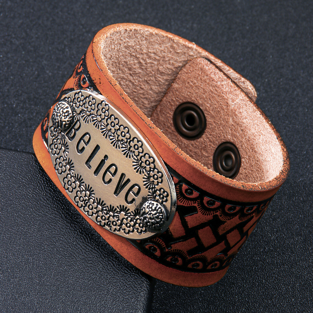 Temu English Alphabet Totem Eming Street Style Fashion Genuine Leather Bracelet for Men with High-end Feel ddmymoon