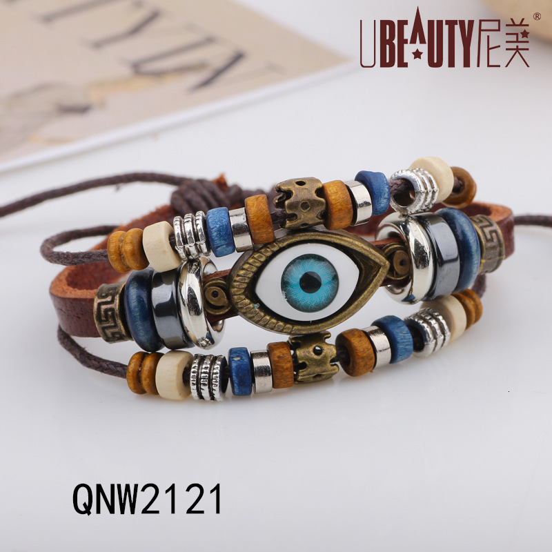 Korean Style Fashion Eye Men's Handmade Cowhide Beaded Jewelry Bracelet ddmymoon