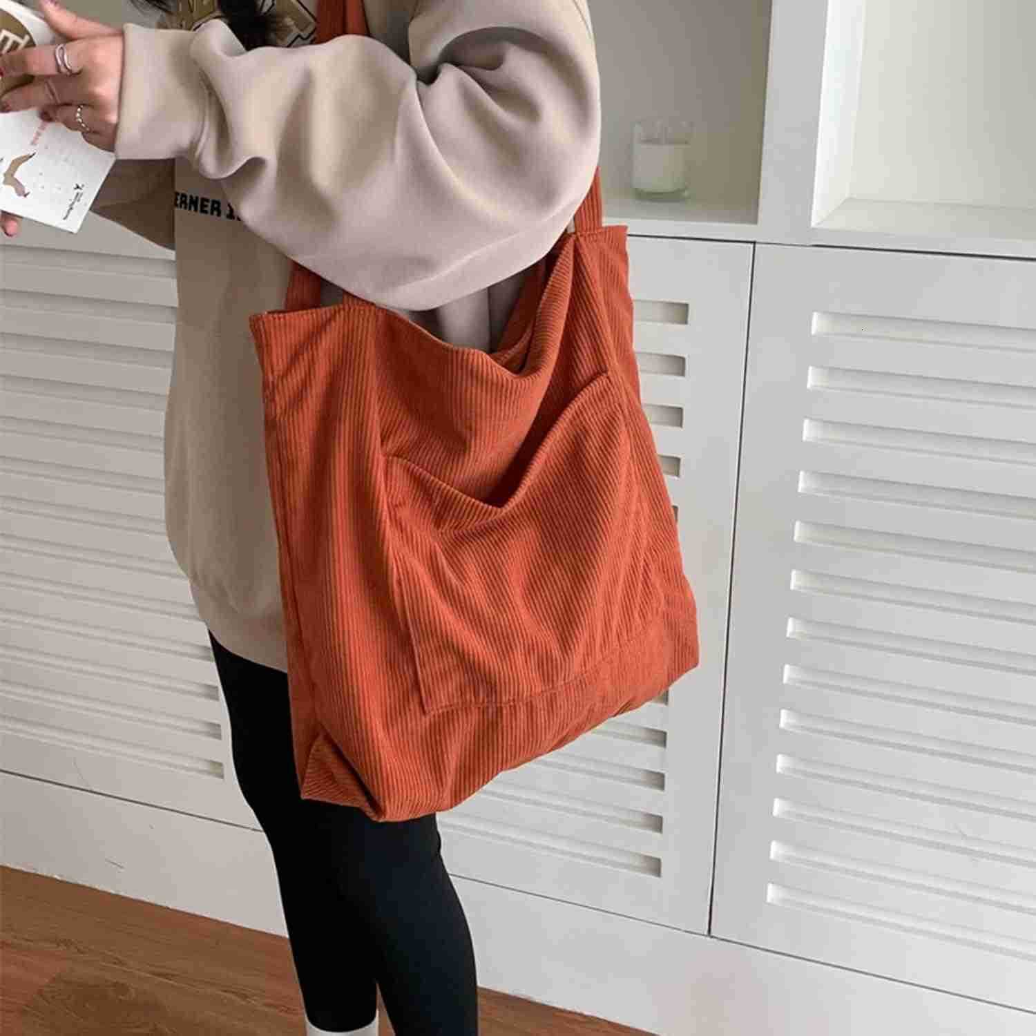 Corduroy Tote Bag for Women Canvas Shoulder Purse Cord Handy Bag with Inner PocketW250913