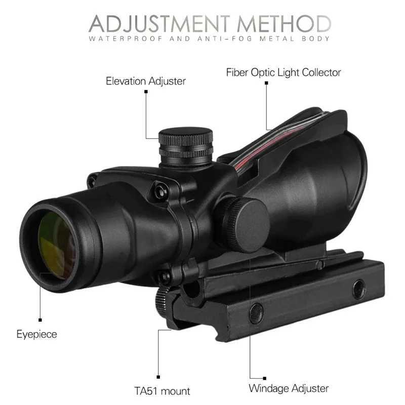 4x32 Scope Prism Scope Real Red Fiber Optic Chevron Scope Red Dot Illuminated Etched Reticle Tactical Scope BlackW250913