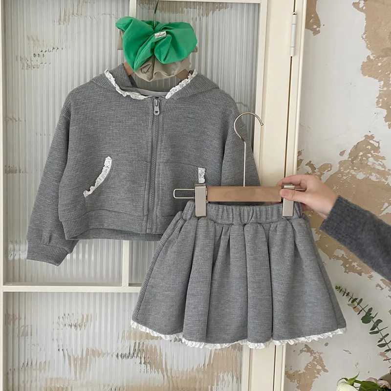 Girls Korean Version Sweet Set 2025 Spring New Lace Hooded Zipper Sweatshirt Jacket Lace Skirt Trend C250913