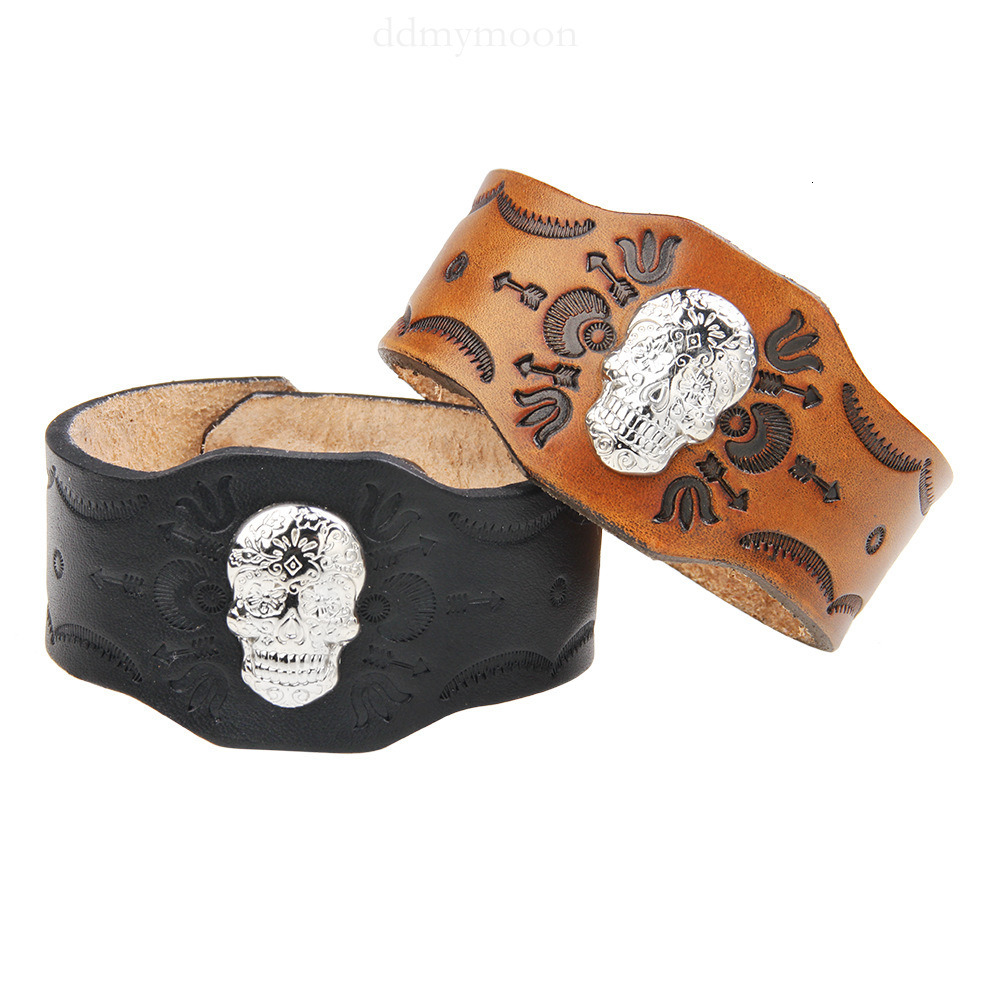 Temu Hot Selling Punk Rock Style Men Skull Genuine Korean and Japanese Wide Leather Bracelet ddmymoon