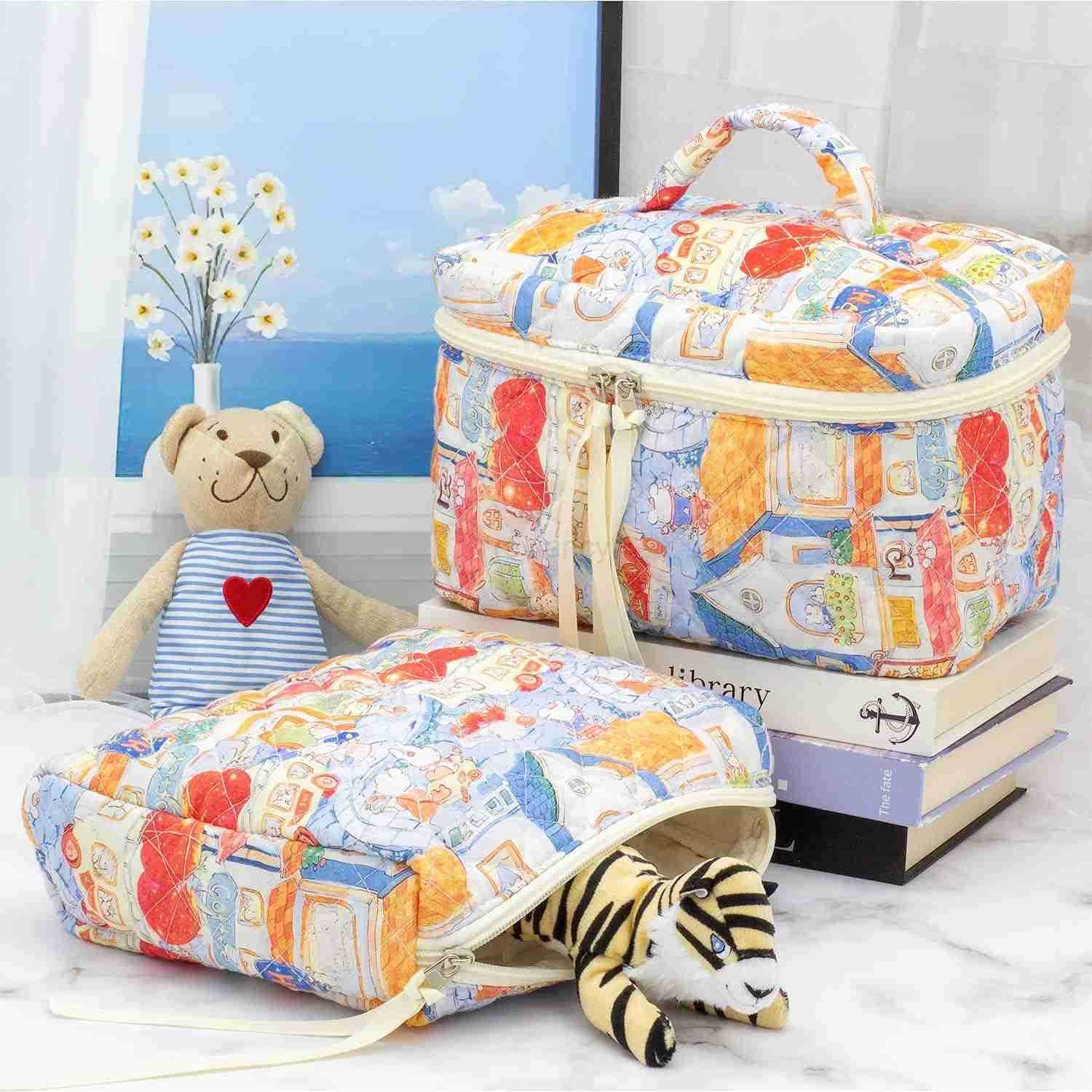 Quilted Makeup Bag Large Travel Zipper Soft Cosmetic Case for Women Girls Make UpCherry BeigeW250913