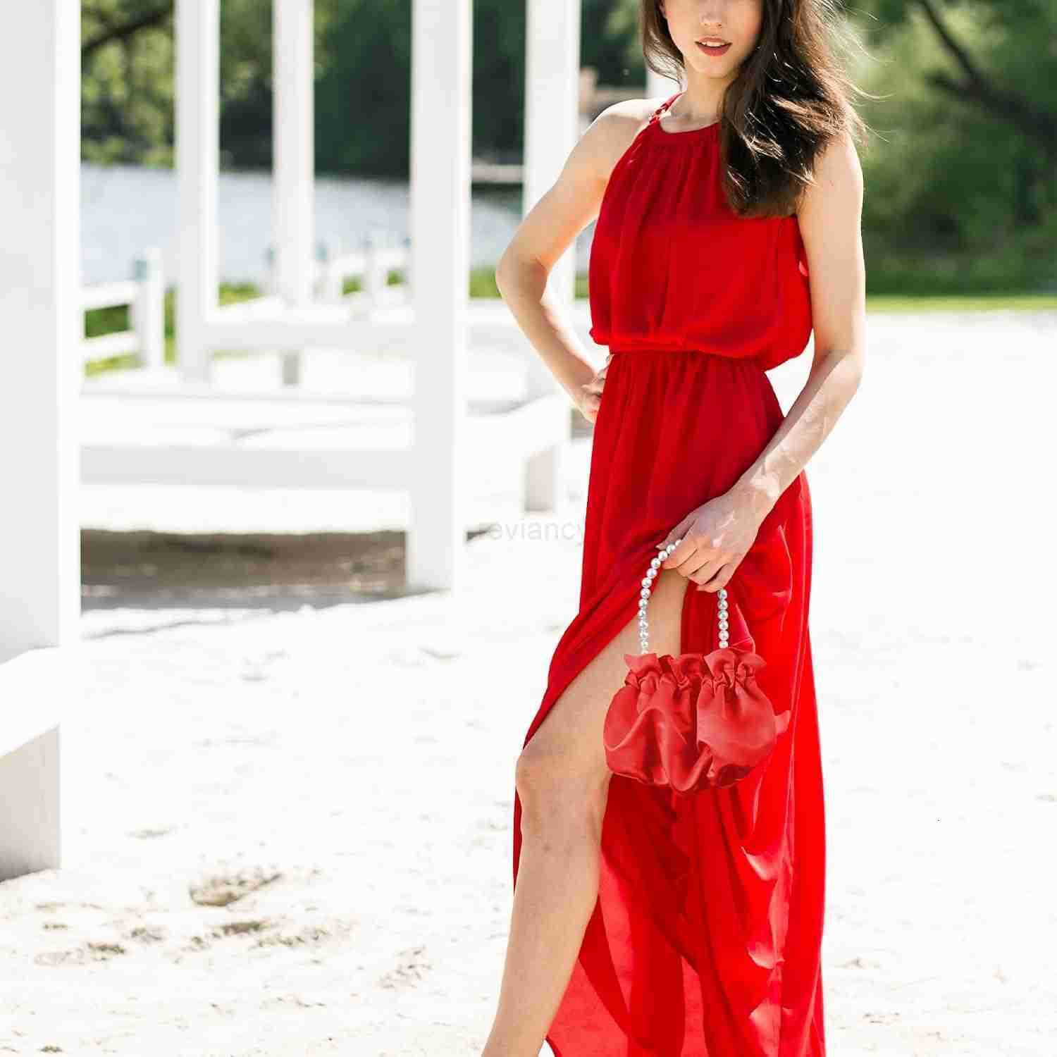 Small Wristlet Purses Mini Bucket Bag Women Hobo Bag with Faux Pearl Chain RedW250913