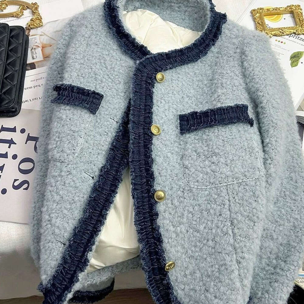 DHEssentials Lined with Fleece, Thickened, Patchwork Blue Style French Short Coat, New Autumn Winter Elegant High-end Top