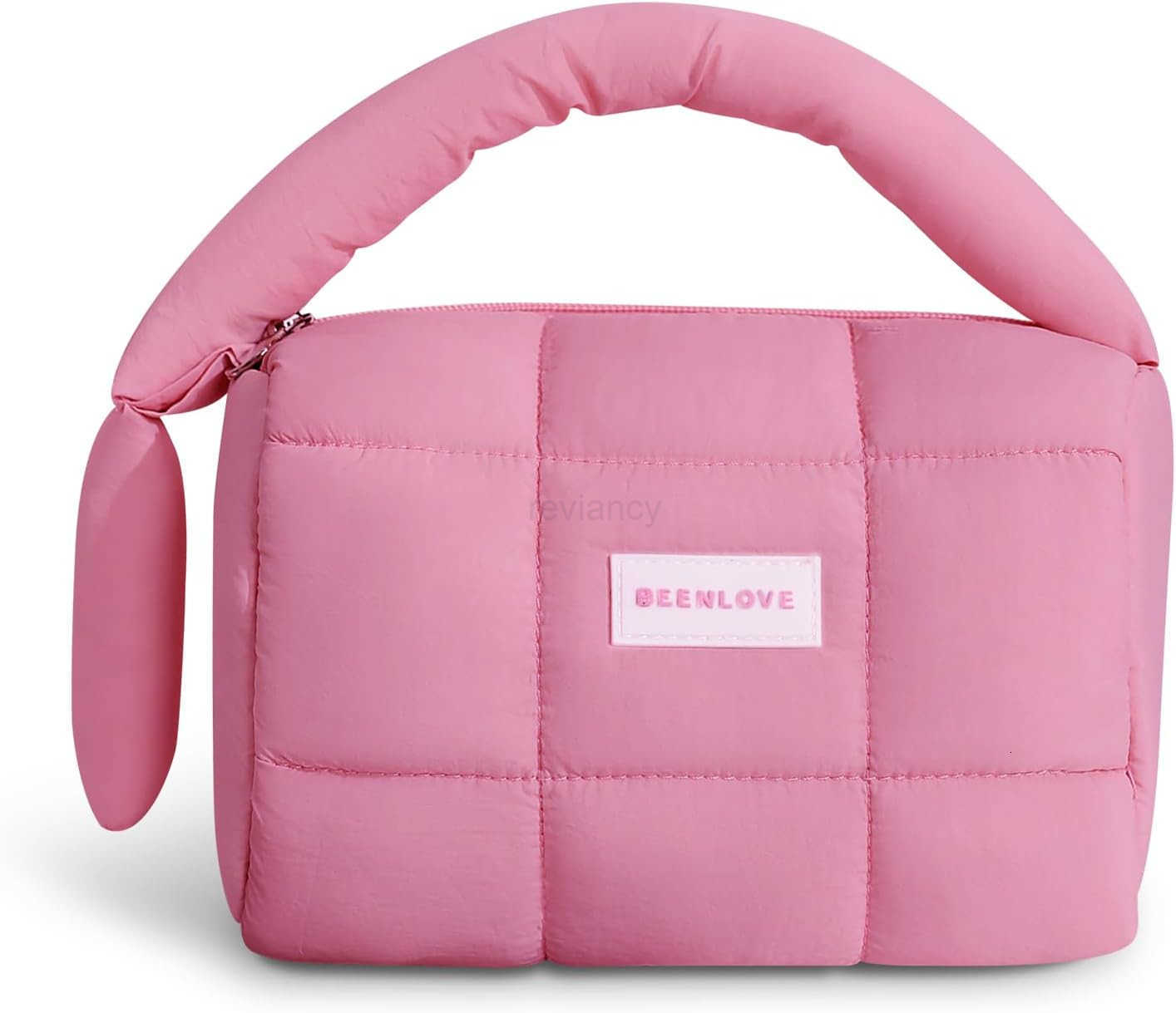 Cute Puffy Makeup Bag with Handle Quilted Cosmetic Organizer Bag Waterproof Travel Toiletry Pouch Portable Handbag with Zipper for Women and Girls Ros