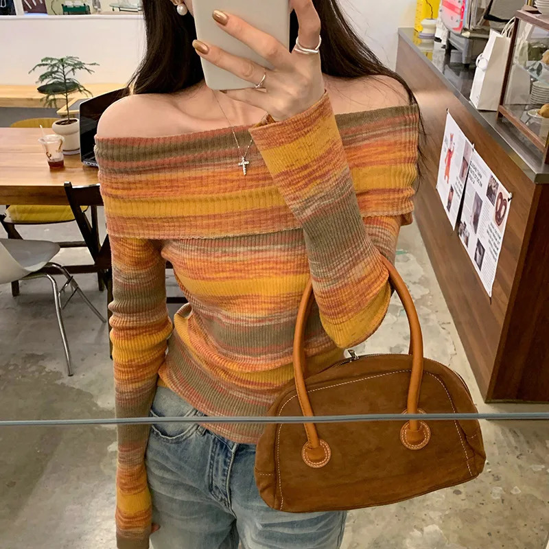 Colorful Striped One Shoulder Knit Sweater With Wool Inside Womens Slim Fit And Slimming Base Shirt Top 250912