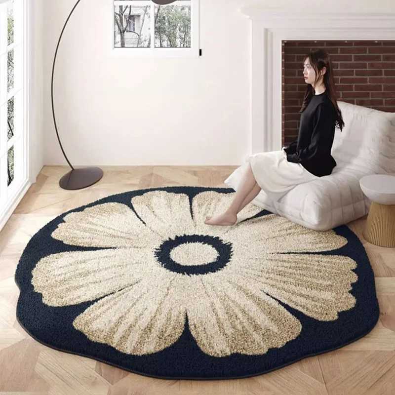 VIKAMA Round Simple Flower Faux Cashmere Floor Mat DirtResistant Bedroom Bedside Study Carpet Home Decoration C250913