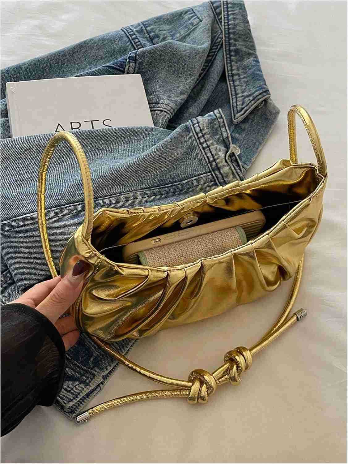Womens Gold Purse Ruched Metallic Shoulder Handbags Top Handle Underarm BagW250913