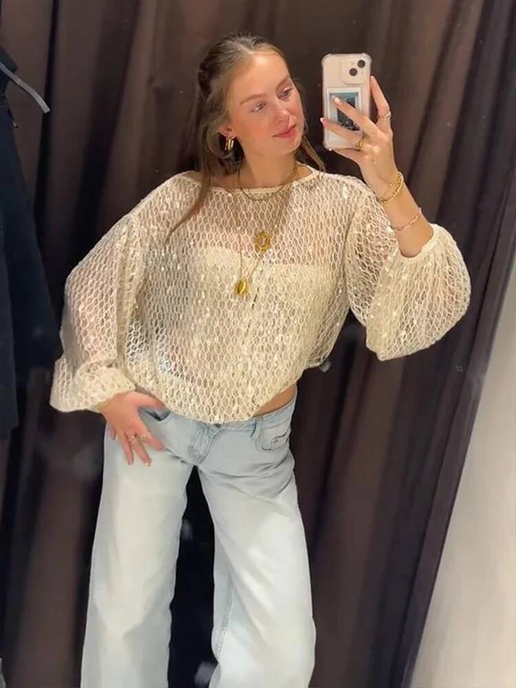 Summer Round Neck Sequin Knitting Blouse Chic Women's Knitted Long Sleeve Pullover Female Crocheted Vacation Tops High Street dongdumaoyi