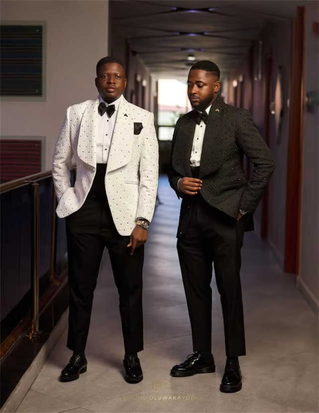 Plus Size Men Wedding Tuxedos Customized Beads Groom Jacket Sets Fashion Birthday Party Show Wear 2 Pieces