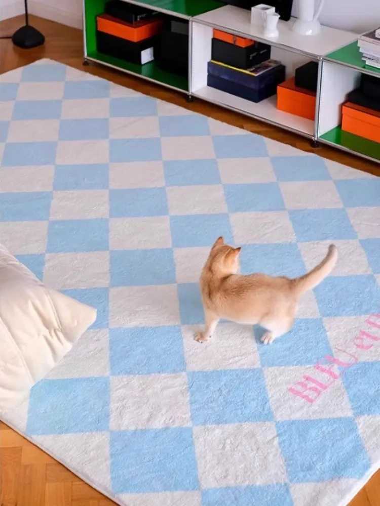 VIKAMA Blue Checkered Carpet Living Room Light Luxury French Bedroom Sofa Floor Mat Furniture Decoration C250913