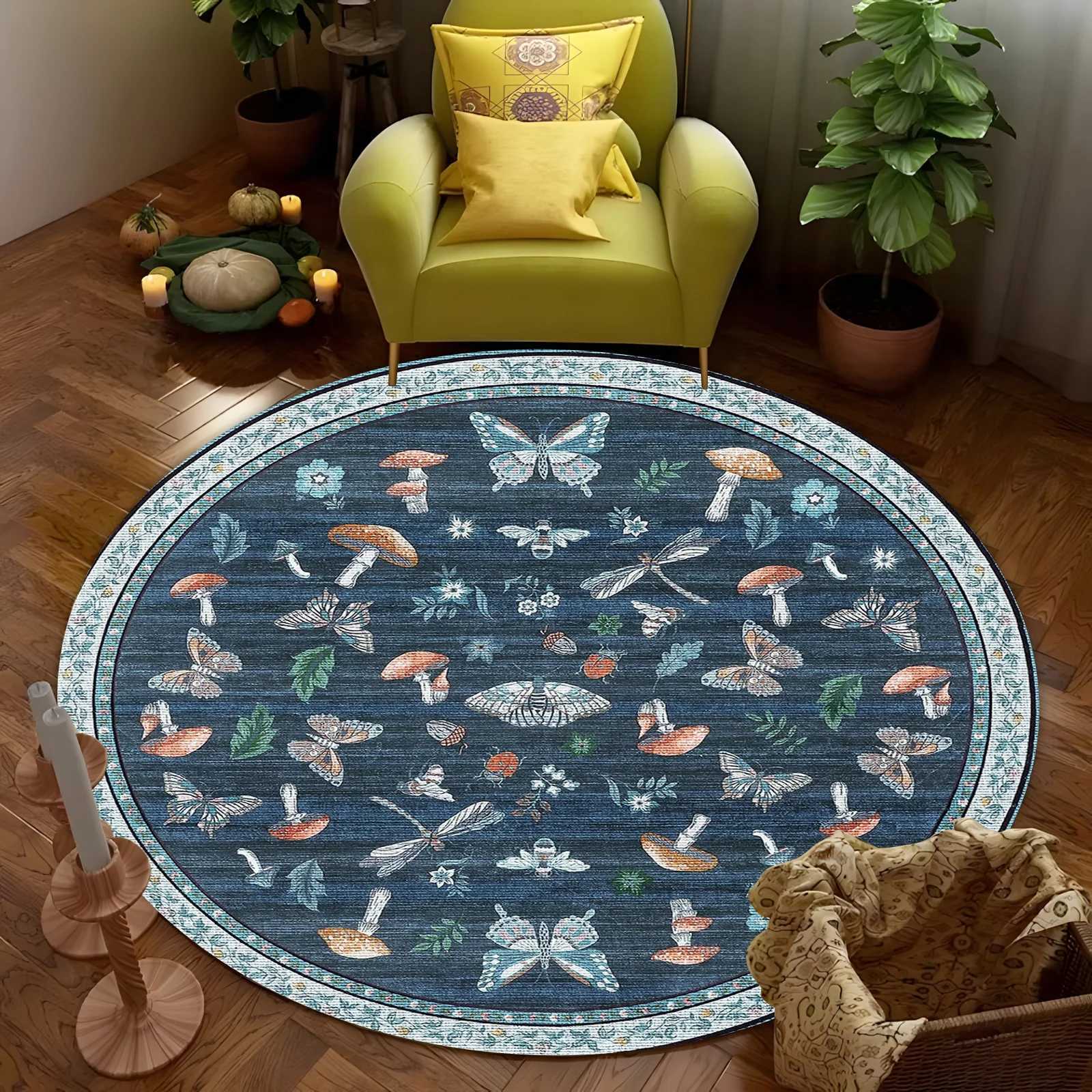 Round Blue Mushroom Butterfly Area Rug NonSlip Soft Carpet for Living RoomBedroom NatureThemed Home Decor Gift C250913
