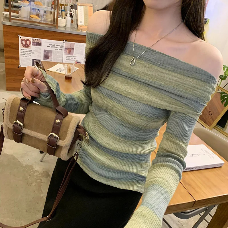 Colorful Striped One Shoulder Knit Sweater With Wool Inside Womens Slim Fit And Slimming Base Shirt Top 250912