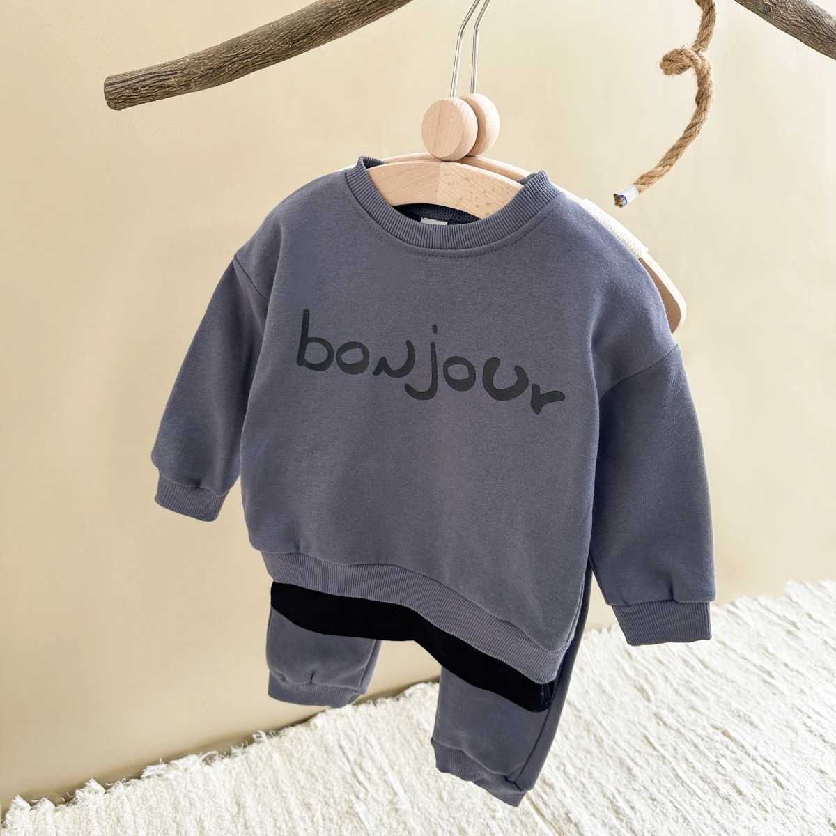 Baby Boy Clothes Set BONJOUR Letter Sweatshirt HoodiePant Child Long Sleeve Clothing Suit Casual Letter Pullover Baby Clothes C250913