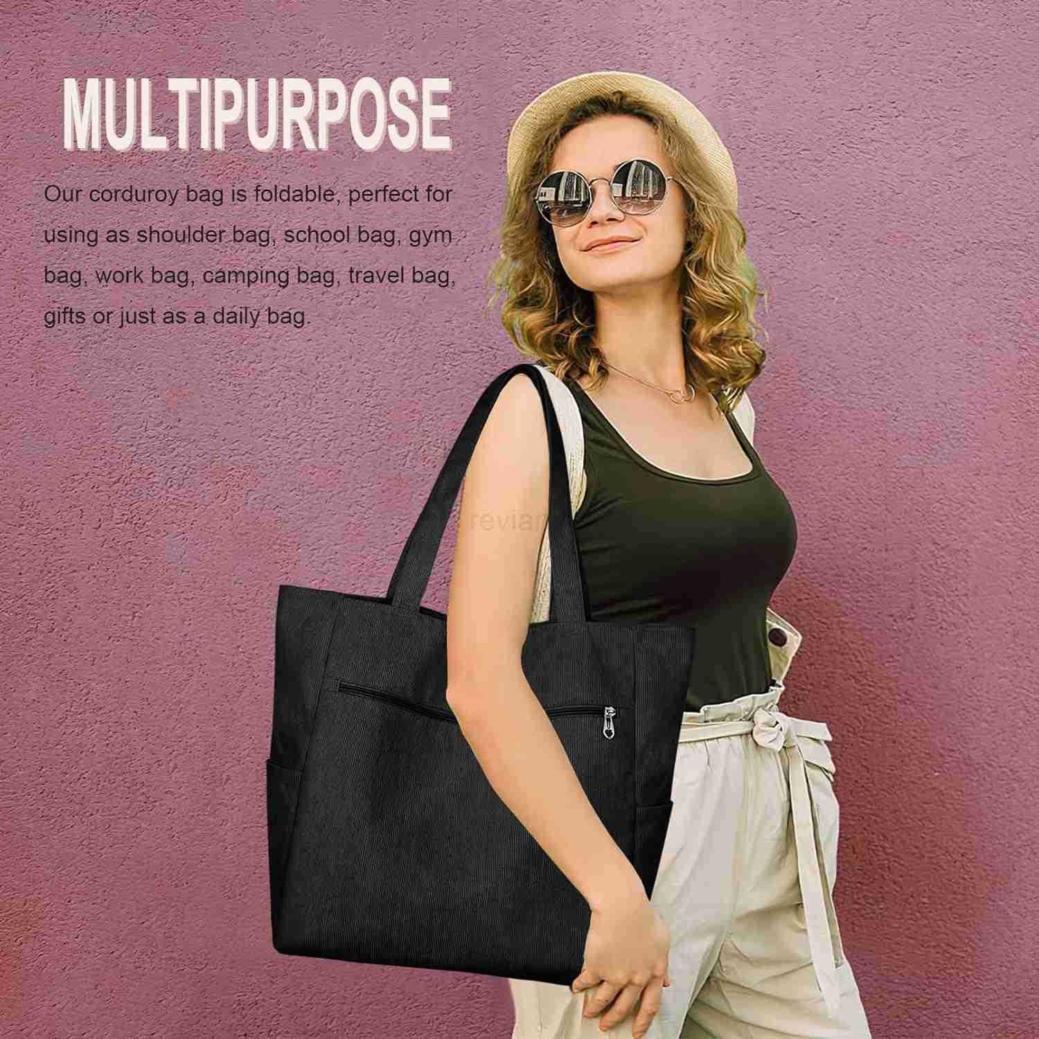 Corduroy Tote Bag for Women with Zipper Large Shoulder Bag Handbag for Work School Shopping Travel Gym VacationW250912