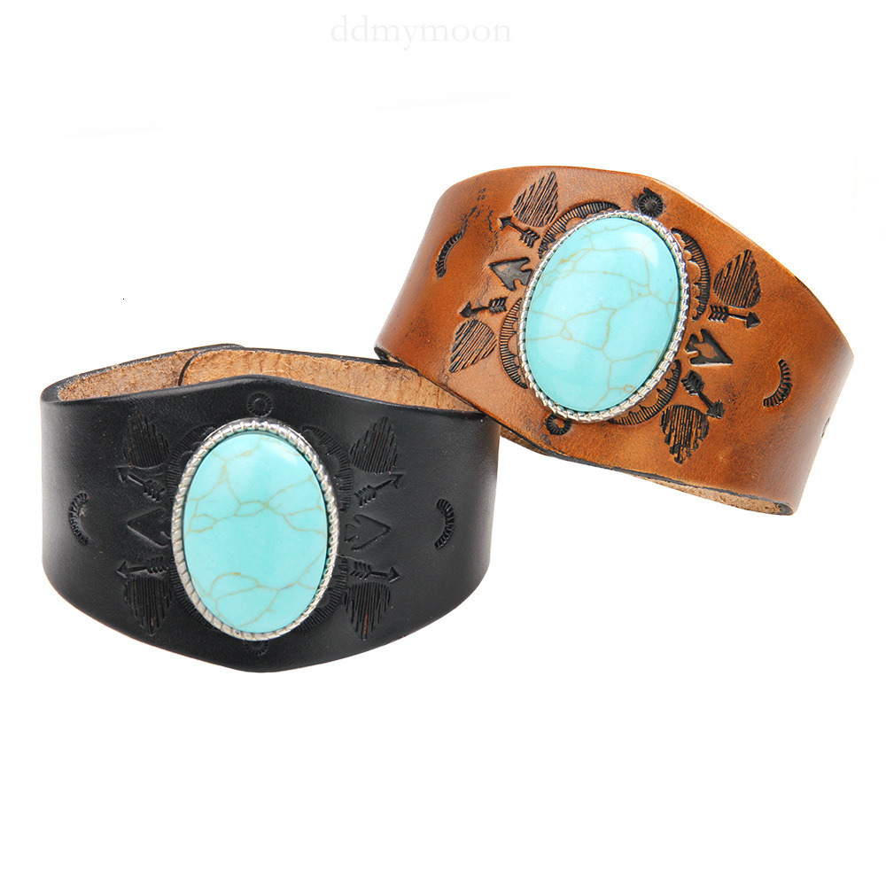 Ethnic Style Fashion Bracelet Cowhide Large Turquoise Totem Texture Light Genuine Leather Bangle ddmymoon