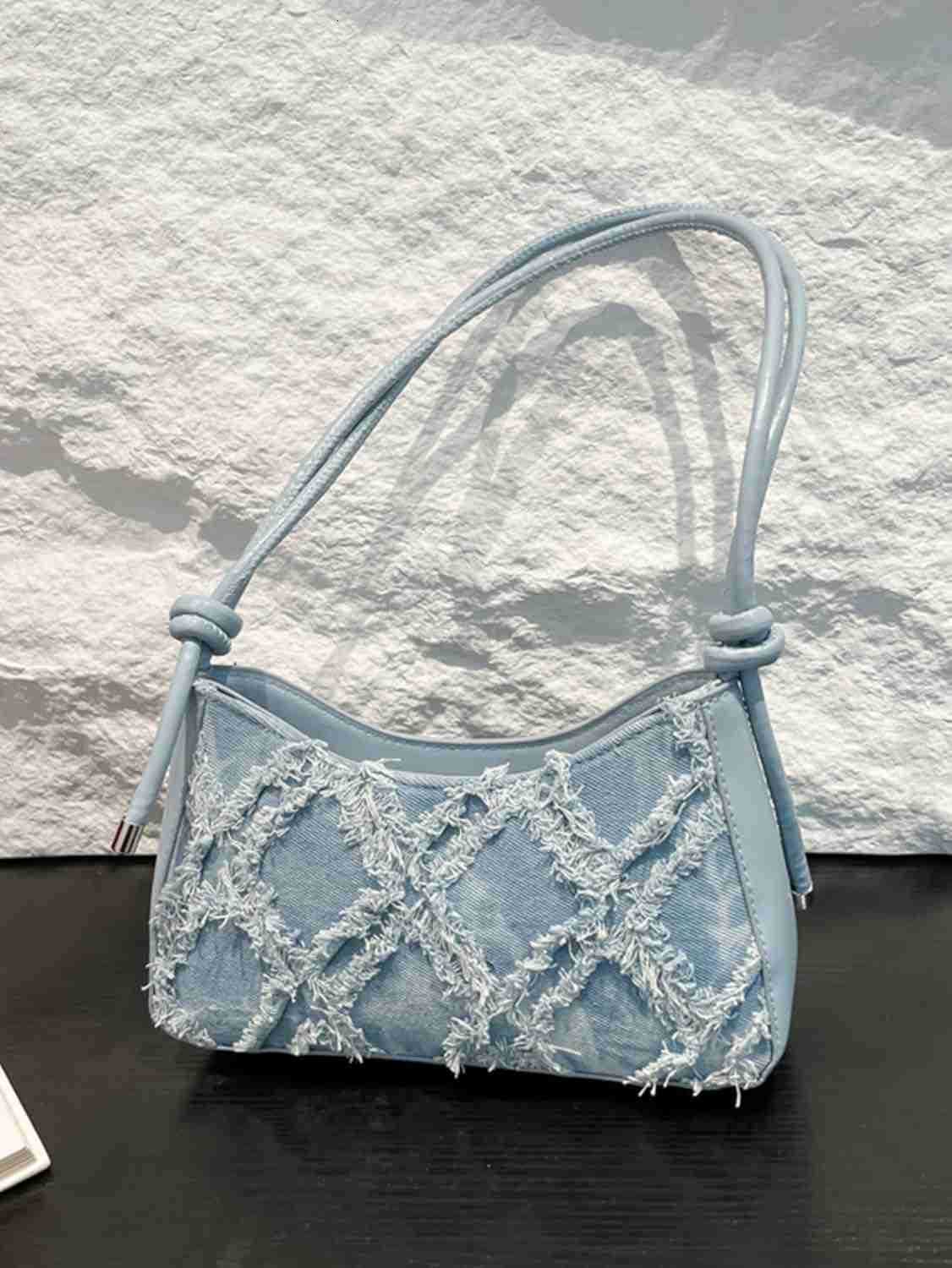 Womens Denim Shoulder Bags Top Handle Handbags Distressed Quilted Jean PursesW250913