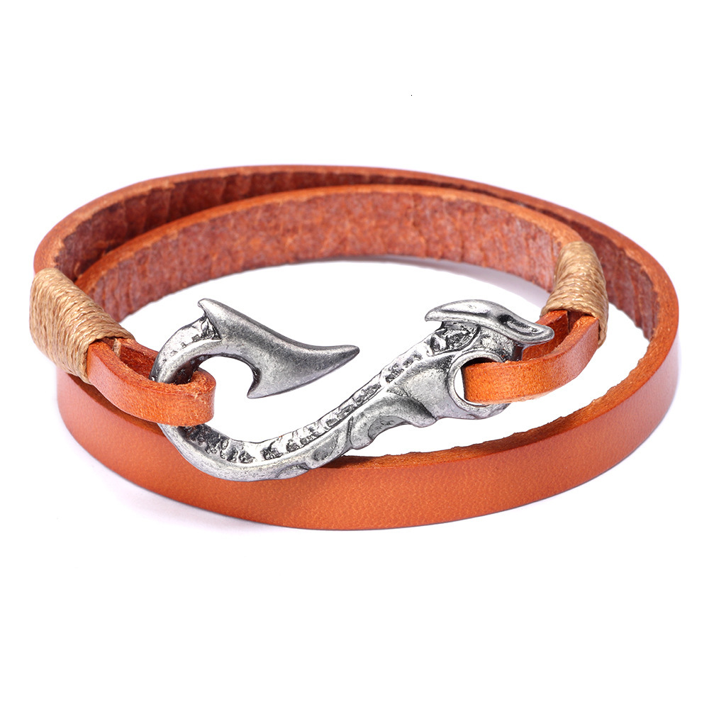 Cowhide Hand-Cut Woven Cord Metal Fish Hook Alloy Electroplated Antique Sier Leather Bracelet ddmymoon