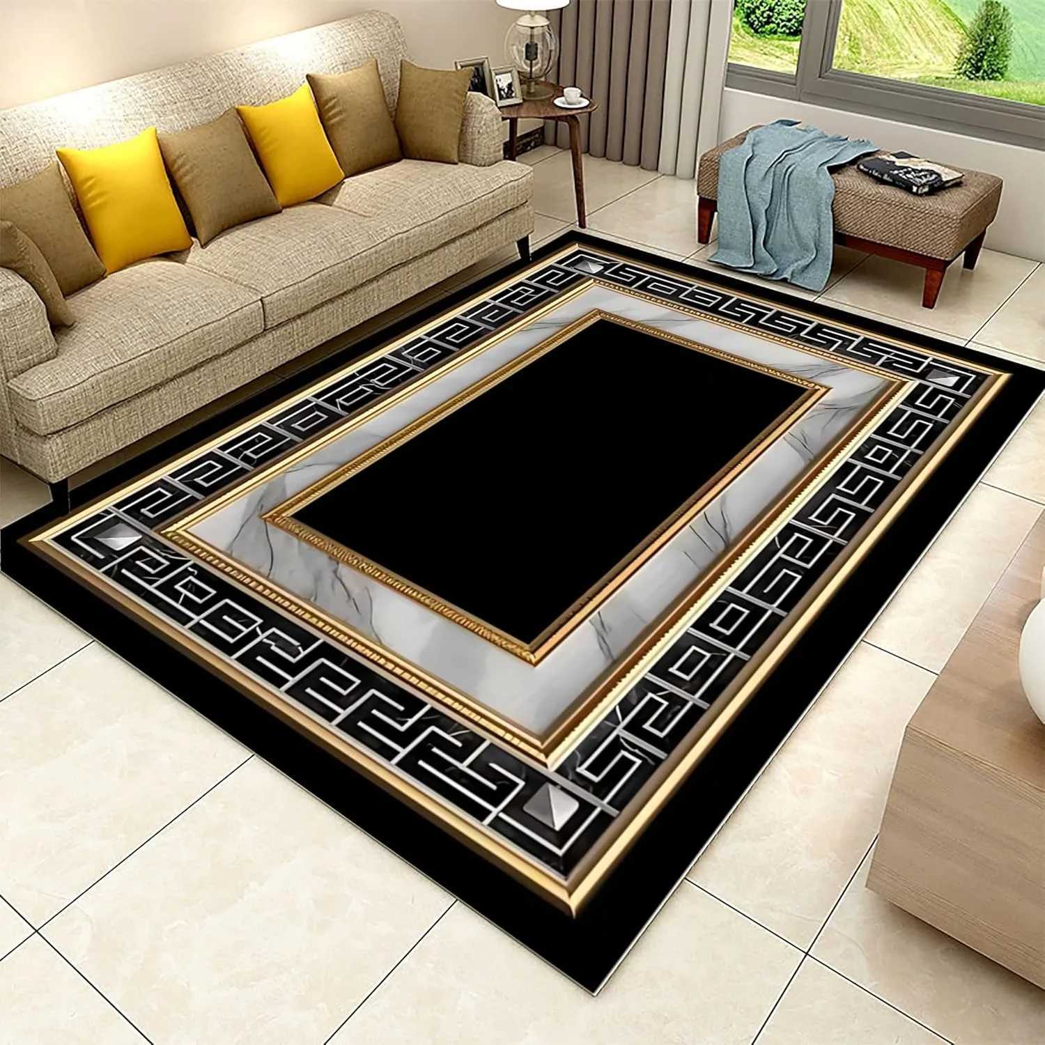 Black Gold Marble Area Rug Modern Abstract Geometric Rug NonSlip Soft Floor Carpet Decor for Home Living Room Bedroom Office C250913