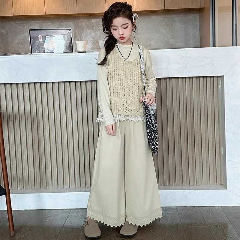 Knitted Vest Lace Top Wideleg Pants Koreanstyle Threepiece Set 3Piece Girlss Sets Girl Long Sleeve Childrens Clothing C250913