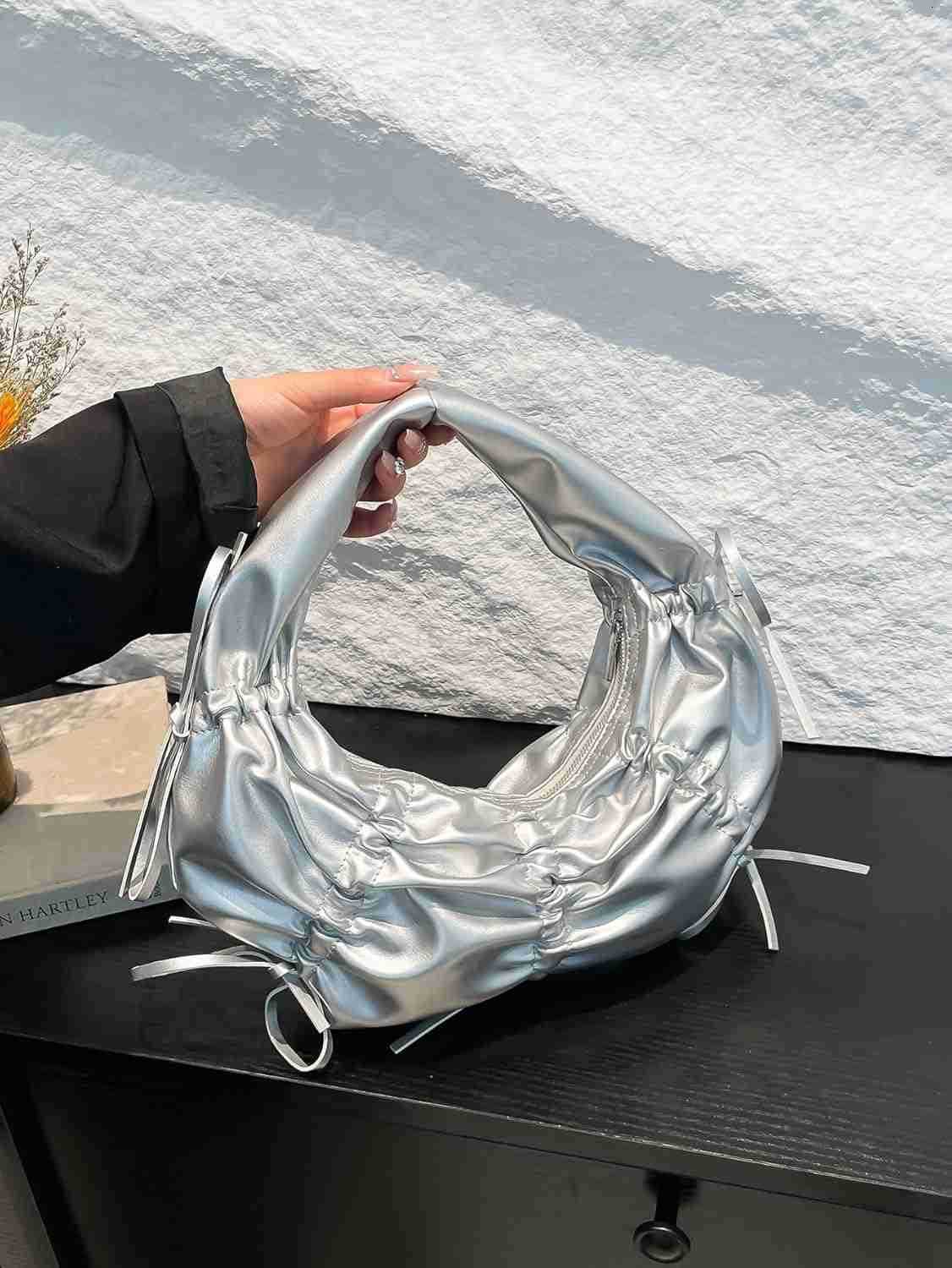 Womens Bow Crescent Shoulder Bag Top Handle Ruched Y2k Underarm BagsW250913