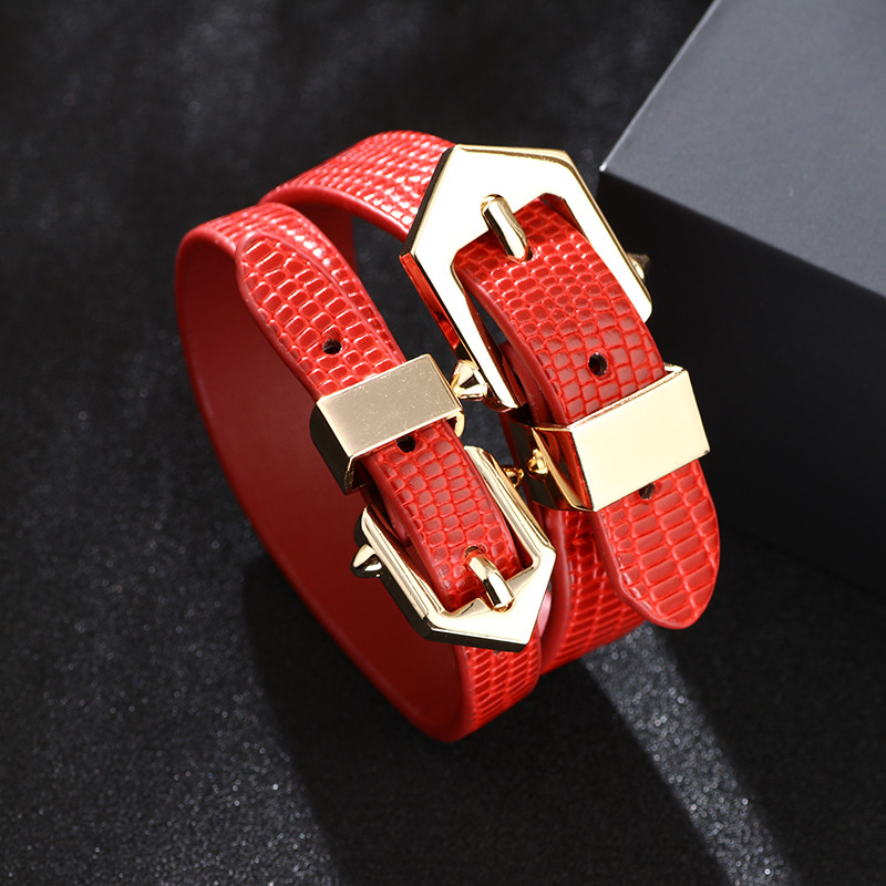 TemuPU Snake Pattern Leather Bracelet Alloy Electroplated Double Buckle Head Women's Versatile Jewelry Hot-Selling Model ddmymoon