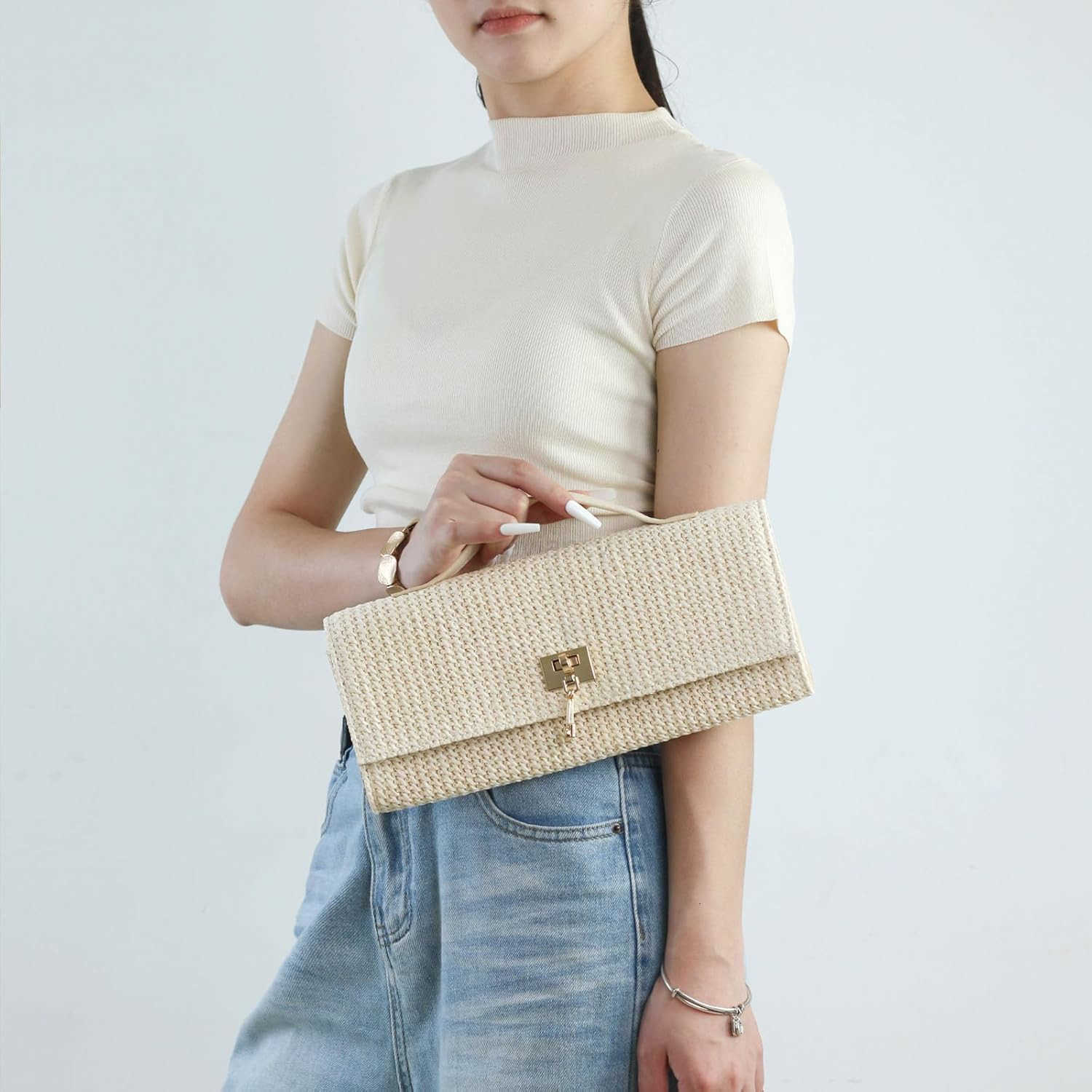 Top handle Straw Clutch Purses for WomenWoven Evening Shoulder Handbag Formal Crossbody Purse Party BagW250913