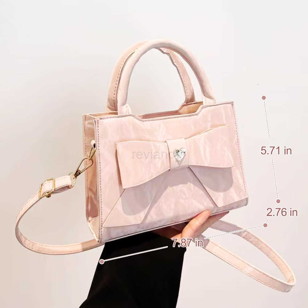 Ladies Bow Handbag with Crystal Heart Detail PU Leather Small Crossbody Purse with Top HandleW250913