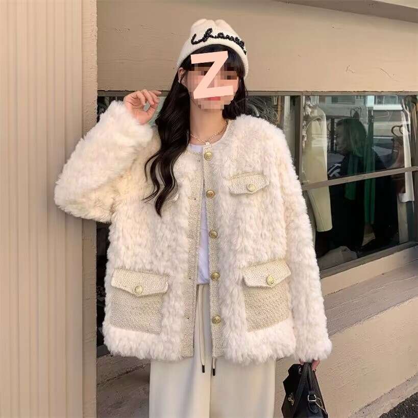 DHEssentials Quilted Thickened Little Chanel Style Lamb Wool Coat 2025 Autumn Winter Versatile New Outerwear Plush Loose Top for Women