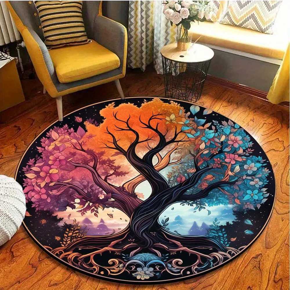 Velvet Crystal Velvet 3D Colorful Tree of Life Pattern Round Mat Lightweight Washable Carpet Suitable for Living Room Bedroom C250913