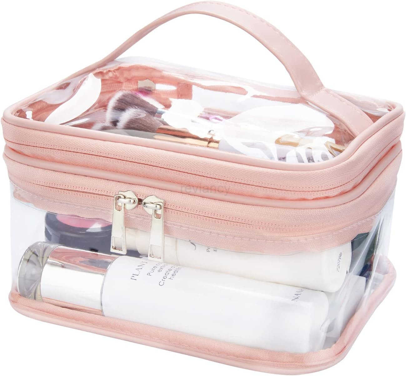 Double Layer Clear Cosmetic Bag Makeup Bag Waterproof Travel Toiletry Bag Transparent PVC Hair Nail Accessories Pouch Beach Bag Organizer PinkW250913