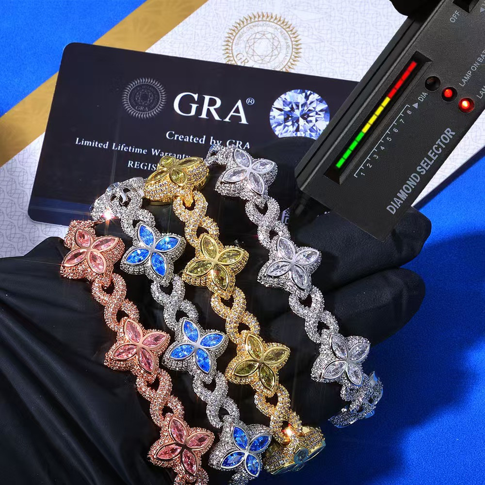 Moissanite Bracelet Luxury Jewelry New 15mm Marquise Flower Design Hip hop Jewelry Iced out Unisex Cuban Link Chain Sier