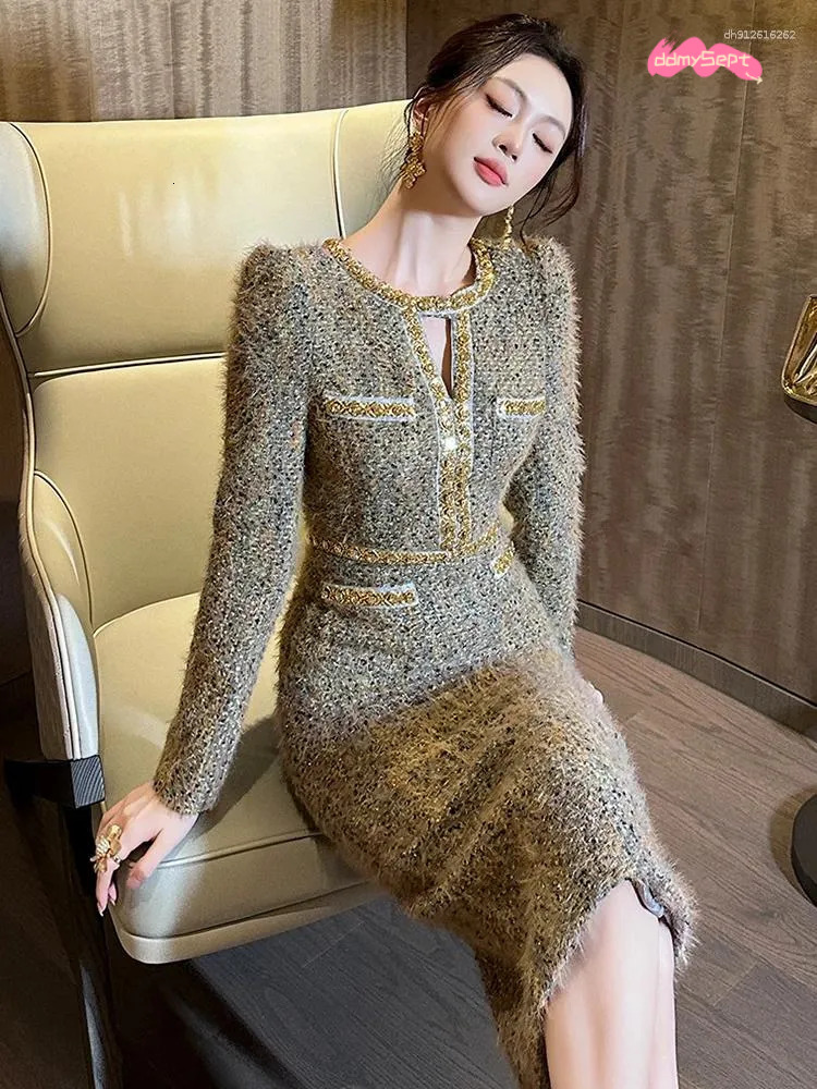 Two Piece Dress Women Clothes Vintage Tweed Hollow Sexy O-Neck Slim Midi Pencil Elegant Fashion Evening Party Vestidos Formal Ocn ddmythur