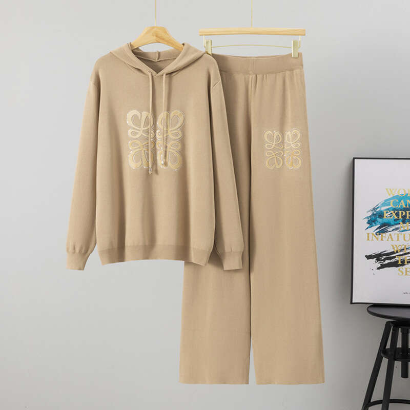 Hot Rhinestone Casual Fashion Knitted Women, Loose Hooded Sweater Wide-Leg Pants Two-Piece Set For Autumn And Winter
