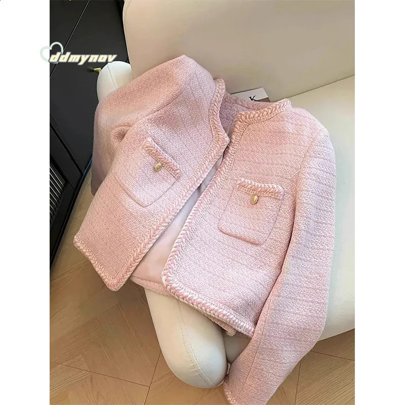 Elegant Tweed Jacket Women Sweet Cropped Pink Coat Winter Korean Single Breasted Blazer Ladies Vintage Short Outerwear 240821 ddmynov