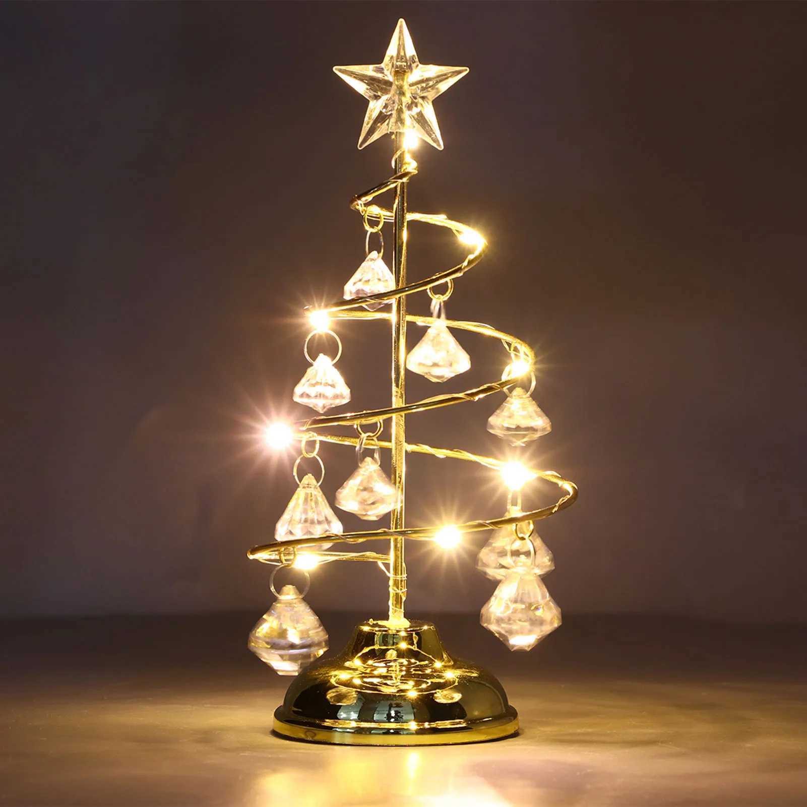 LED Christmas Tree Lamp Small Crystal Decorative Iron Tree Night Light Ornament for Gift Golden Warm Light C251122