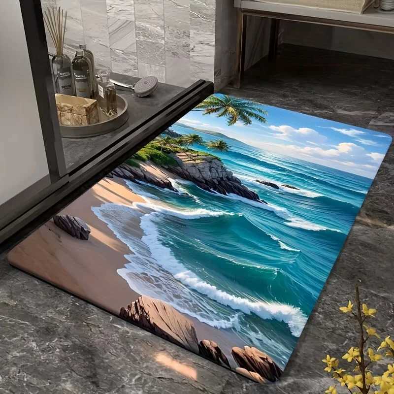 1pc Beach Rug 1pc NonSlip Beach Print Rug 800gsq Crystal Velvet Washable Polyester Coastal Landscape Design for Living R C250913