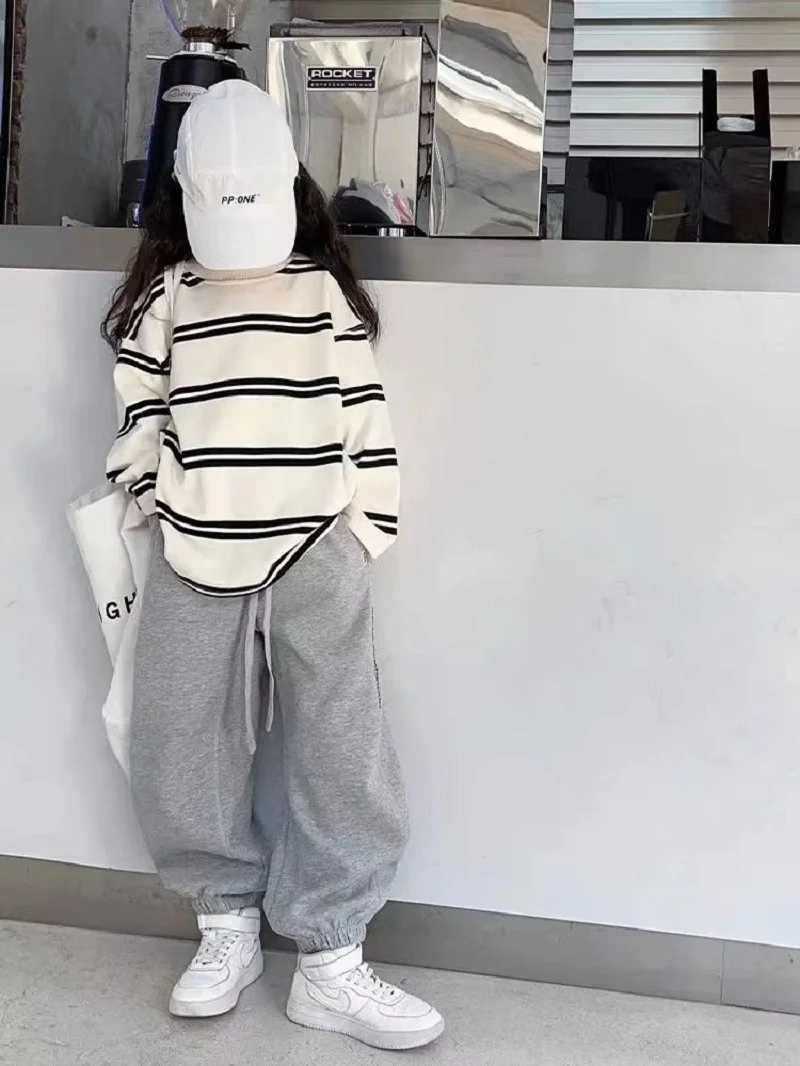 Spring Autumn Girls Cotton Contrast Striped Workout SweatshirtSweatpant Sets School Kids Tracksuit Child Jogging Outfit 516Yrs C250913