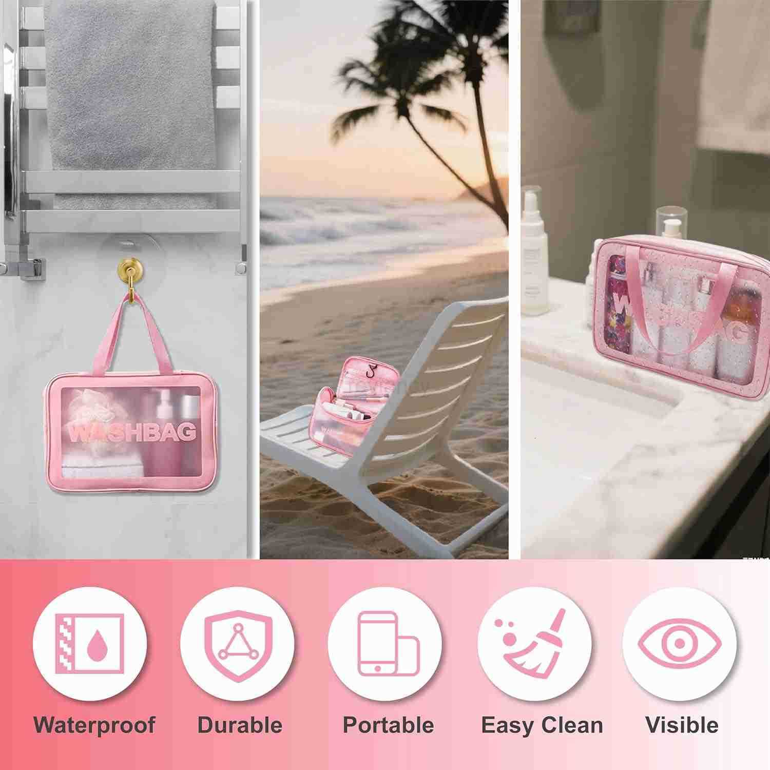 3Pack Travel Toiletry Bag Set Waterproof PVC Makeup Bag Translucent Hanging Toiletry Bag for Women Different Size Makeup Organizer with Handle Zipper 