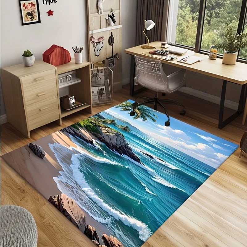 1pc Beach Rug 1pc NonSlip Beach Print Rug 800gsq Crystal Velvet Washable Polyester Coastal Landscape Design for Living R C250913