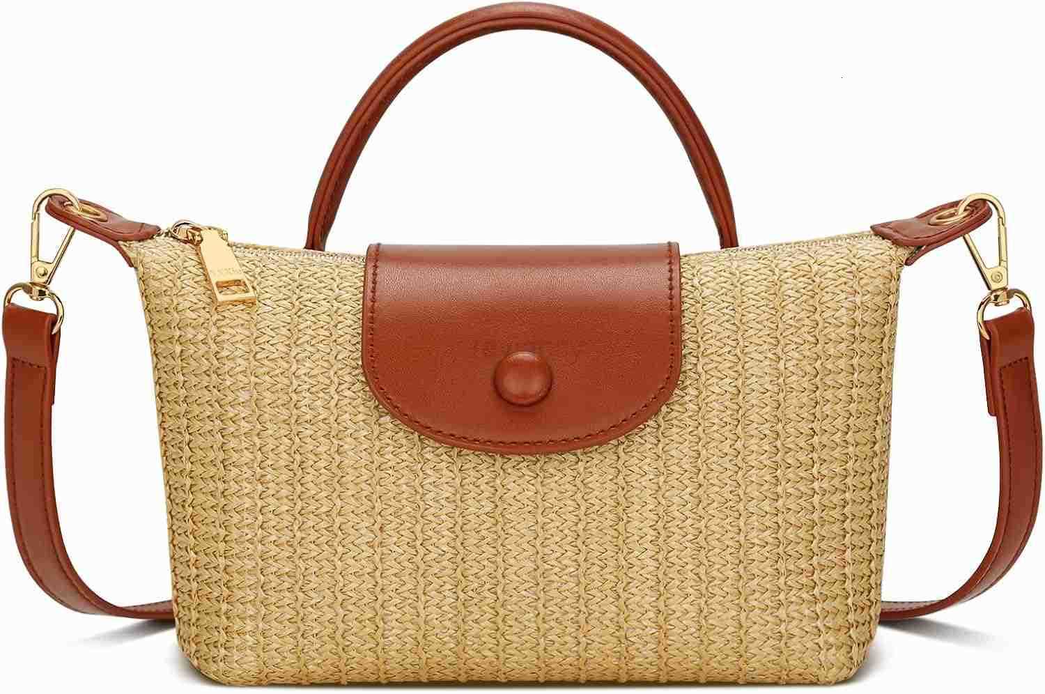 Top Handle Small Straw Woven Crossbody Bag for Women Summer Mini Straw Beach Clutch Shoulder Purse brownW250913