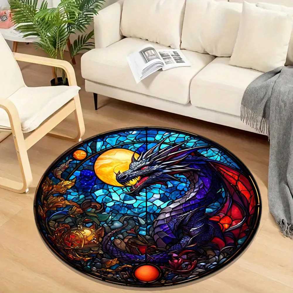 Vibrant Stained Glass Dragon Round Rug AntiSlip Durable Polyester Carpet with Cosmic Design Rich Blues Purples Reds Ora C250913