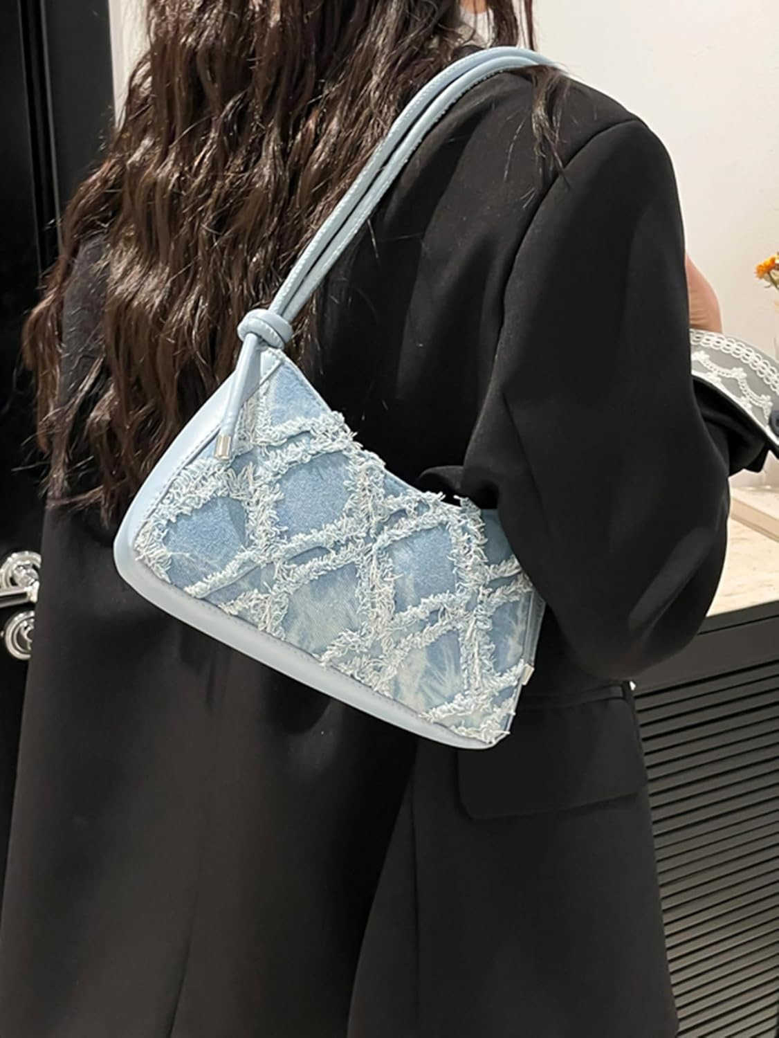 Womens Denim Shoulder Bags Top Handle Handbags Distressed Quilted Jean PursesW250913