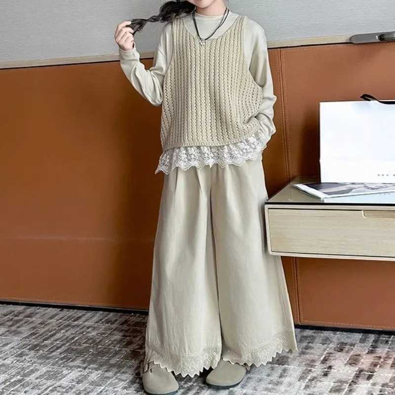 Knitted Vest Lace Top Wideleg Pants Koreanstyle Threepiece Set 3Piece Girlss Sets Girl Long Sleeve Childrens Clothing C250913