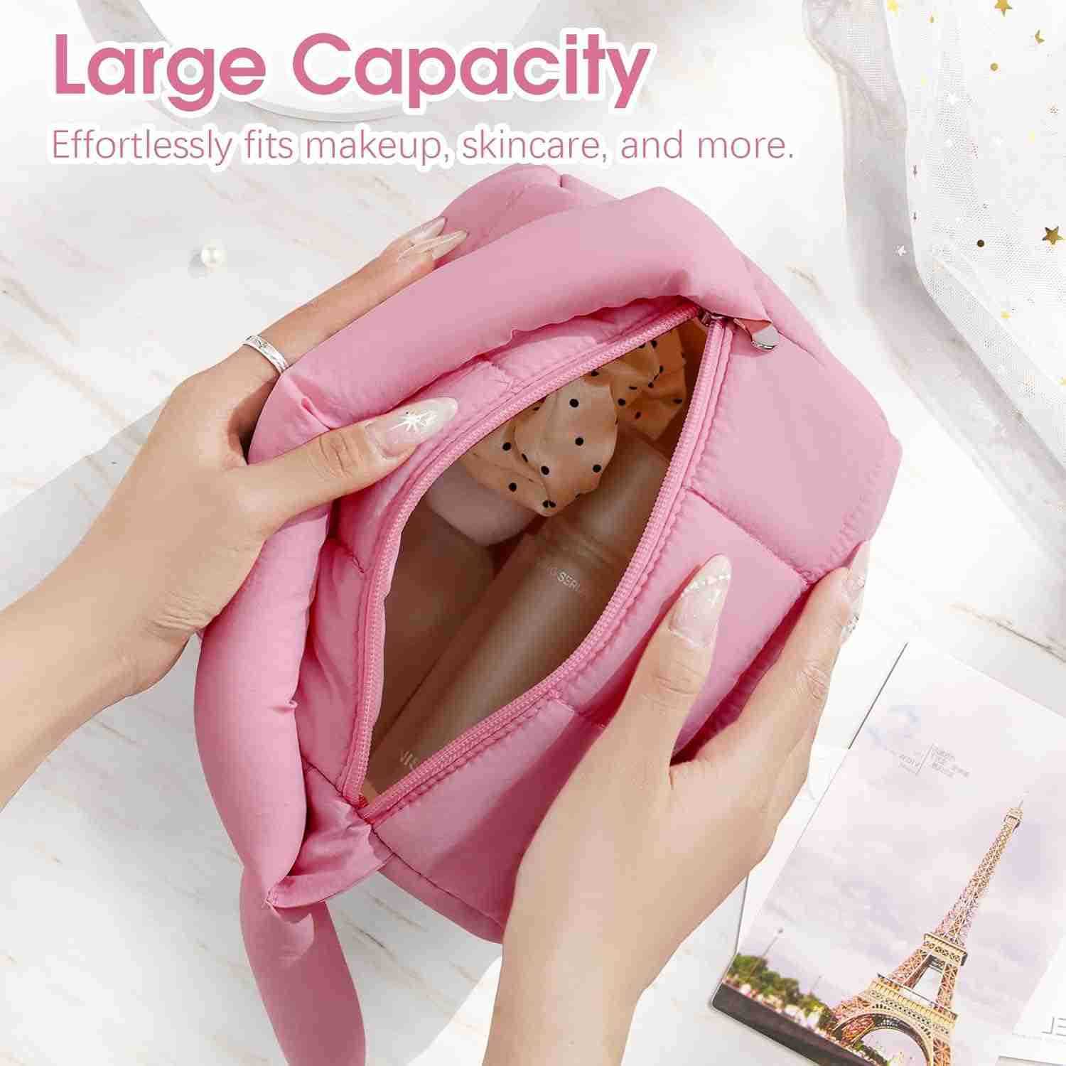 Cute Puffy Makeup Bag with Handle Quilted Cosmetic Organizer Bag Waterproof Travel Toiletry Pouch Portable Handbag with Zipper for Women and Girls Ros