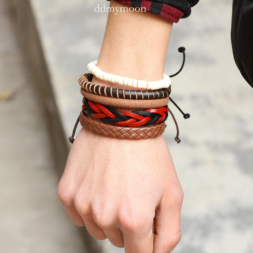 Set of Wooden Bead Bracelets Simple Personality Beaded Genuine Leather Bracelet PU Braided Rope Adjustable Jewelry for Men ddmymoon